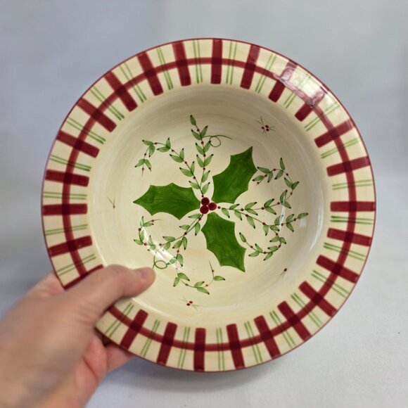 Los Angeles Pottery Laurie Gates Holiday Soup Bowl Green & Red Holly & Plaid - Picture 2 of 15